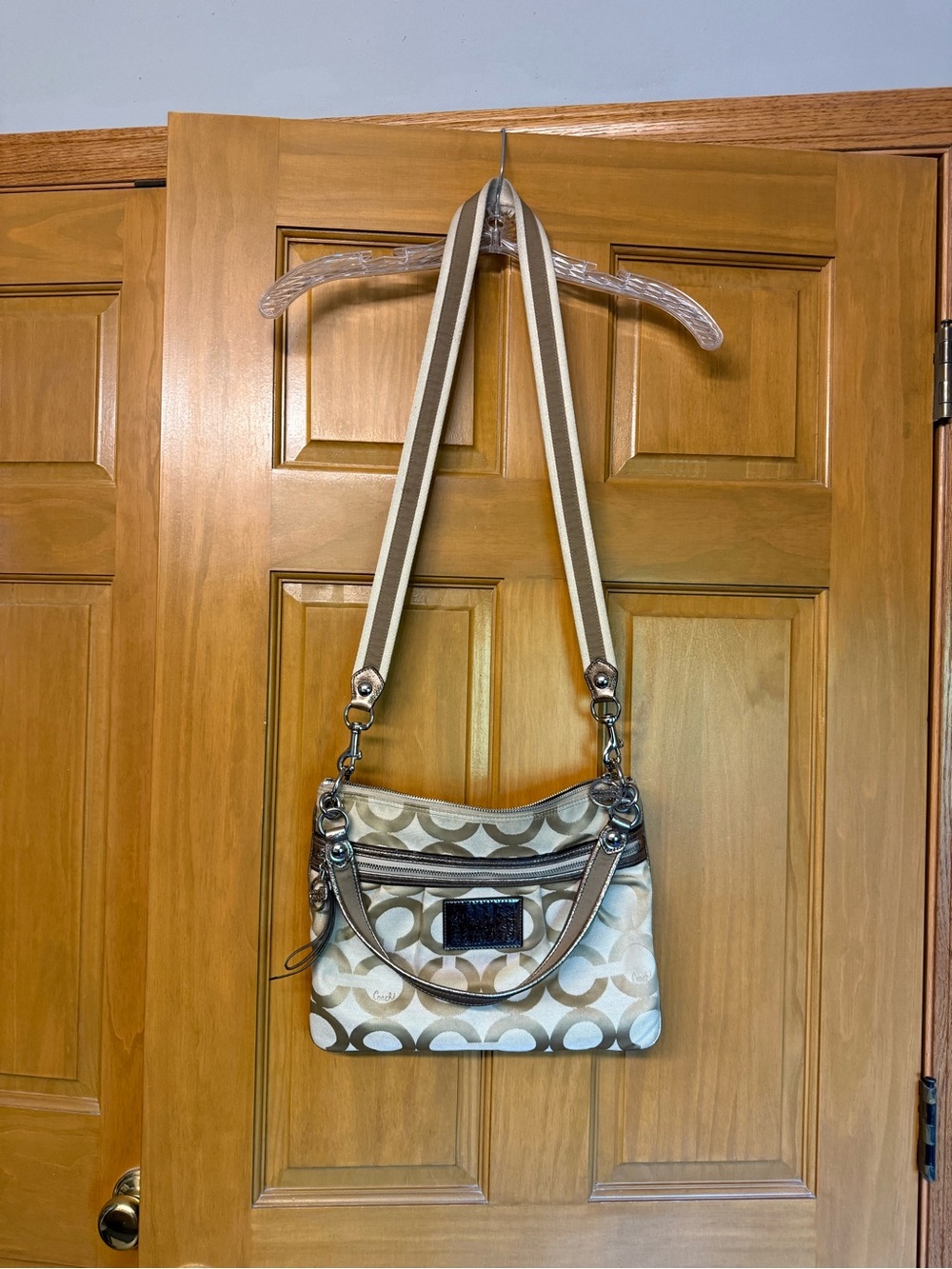 Coach Poppy 17051 Beige & Chalk Signature Crossbody with Striped Strap